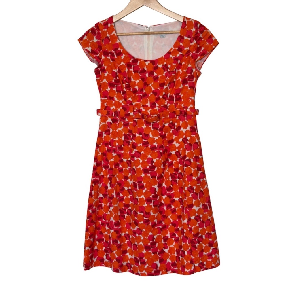 Boden‎ Fit and Flare Dress Womens 6R Orange Red Pink Floral Cap Sleeve Belted